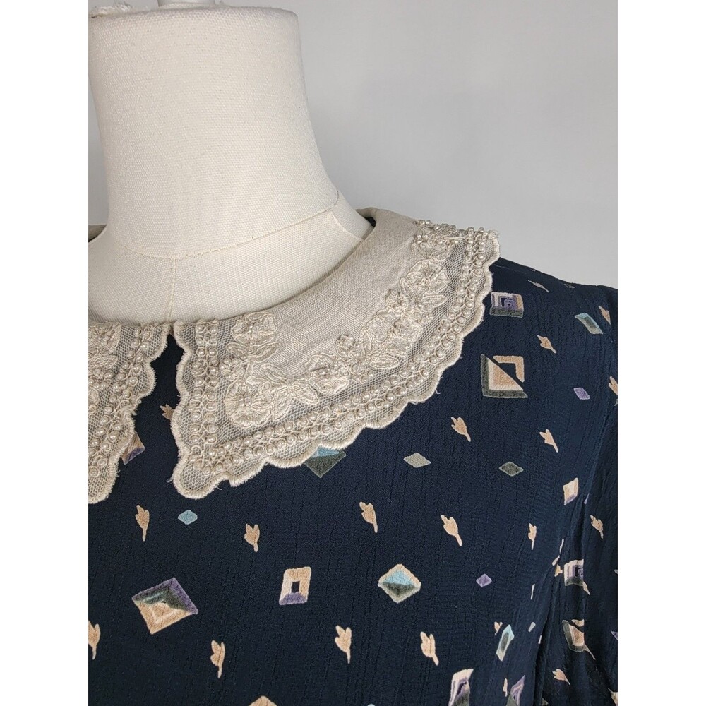 Karin Stevens Navy Vtg Geometric Print Midi Dress Lace Collar Beaded Vintage 10 - Picture 14 of 16